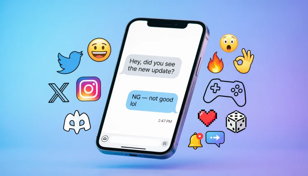 NG meaning in texting, slang, and social media conversations illustrated with chat bubbles and smartphone icons.