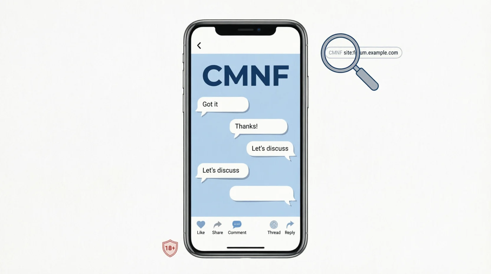 Illustration showing the meaning of CMNF in texting, slang, social media, and online forums with a smartphone and chat icons.